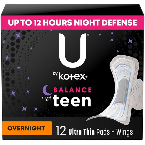 U by Kotex Teen Ultra Thin Pads Overnight With Wings 12 Count