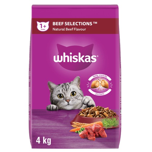 Whiskas Beef Selections Adult Dry Cat Food  Natural Beef Flavour 4 kg