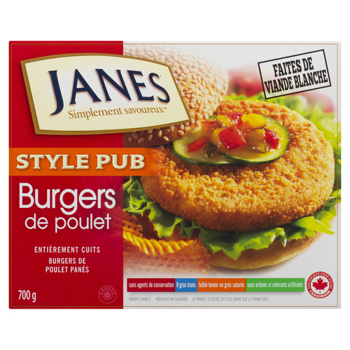 Janes Breaded Fully Cooked Frozen Chicken Burgers Pub Style 700 g