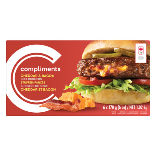 Compliments Frozen Beef Burgers Cheddar & Bacon Stuffed 6 Patties 1.02 kg