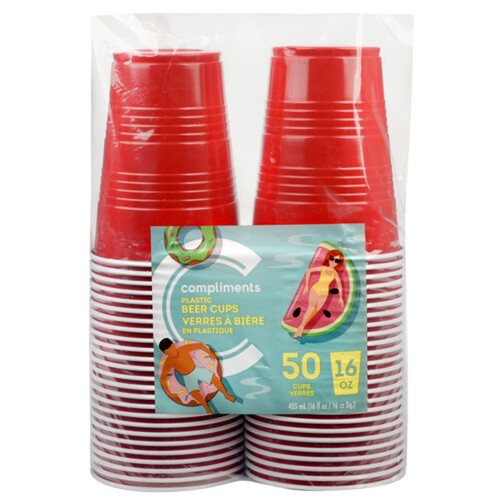 Compliments Plastic Beer Cup Red 16-Ounce 50 Pack