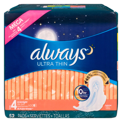 Always Ultra Thin Pads Overnight Size 4 With Wings 52 Count - Voilà Online  Groceries & Offers
