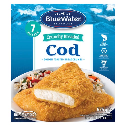 BlueWater Seafoods Frozen Crunchy Breaded Cod Fillets 525 g
