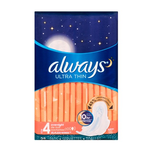 Always Ultra Thin Overnight Pads Size 4 With Wings 28 Count