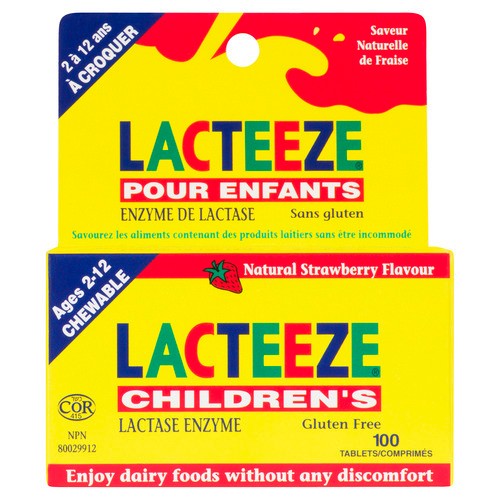 Lacteeze Children's Lactase Enzyme Ages 2-12 Tablets Strawberry Flavour 100 Count