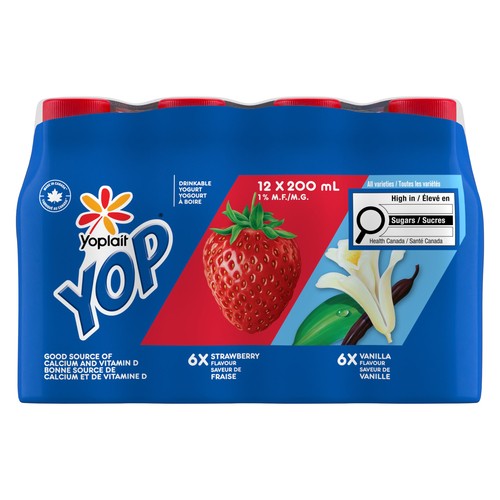 Yoplait Yop 1% Drinkable Yogurt Strawberry and Vanilla 12 x 200 ml