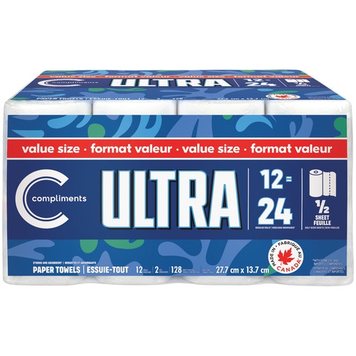 Compliments Ultra Paper Towel Half-Sheet 2-Ply 12 Double Rolls x 128 Sheets 