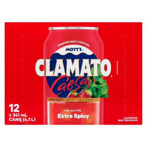 Mott's Clamato Caesar Cocktail 4.5% Alcohol Extra Spicy 12 x 341 ml (cans)