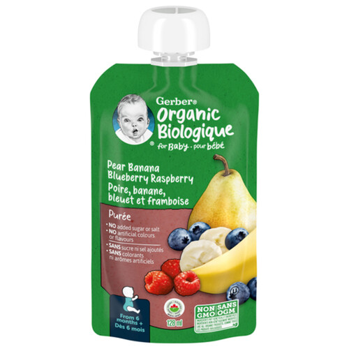 Gerber Organic Purée For Baby  Pear, Banana, Blueberry & Raspberry 128 ml