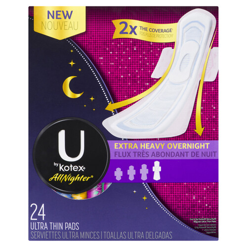 U by Kotex All Nighter Ultra Thin Pads Extra Heavy Overnight With Wings 24 Count
