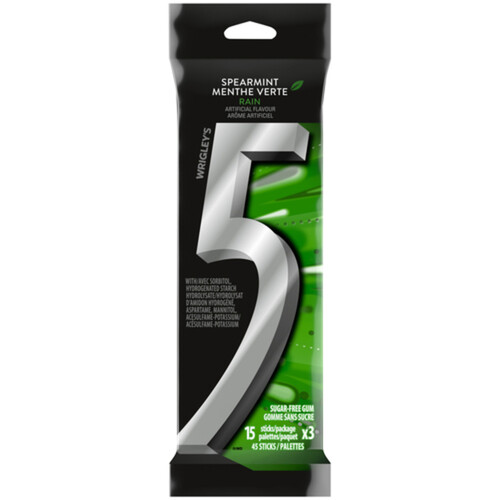 5 Gum Spearmint-Rain Sugar Free Chewing Gum 15 Sticks 3 Packs
