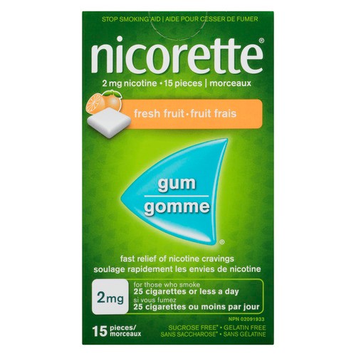 Nicorette Gum Stop Smoking Aid 2 mg Nicotine Fresh Fruit 15 Count