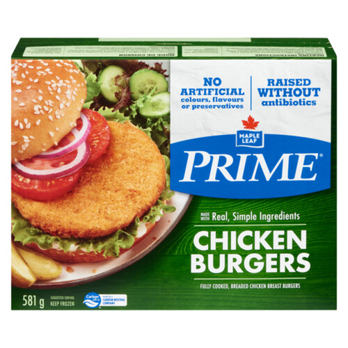 Prime Frozen Chicken Burgers Raised Without Antibiotics 581 g