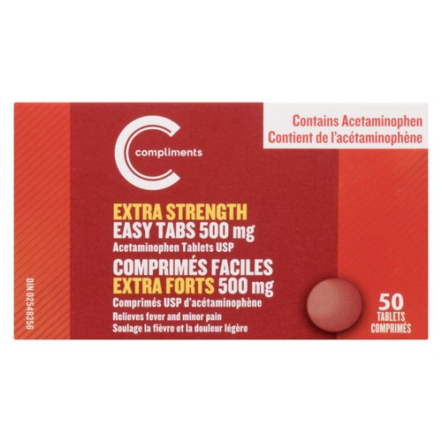 Compliments Acetaminophen Tablets Extra Strength Easy Tabs 500 mg 50 Count
