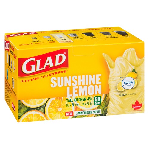 Glad Garbage Bags Sunshine Lemon Scented Tall 45 L  60 Bags