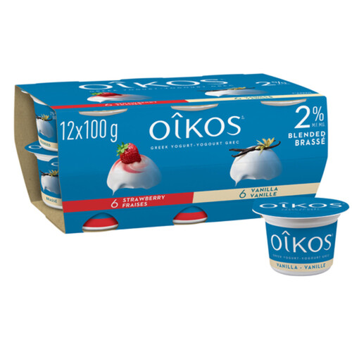 Oikos 2% Greek Yogurt Blended 6x Strawberry 6x Vanilla Value Size 12 x 100 g