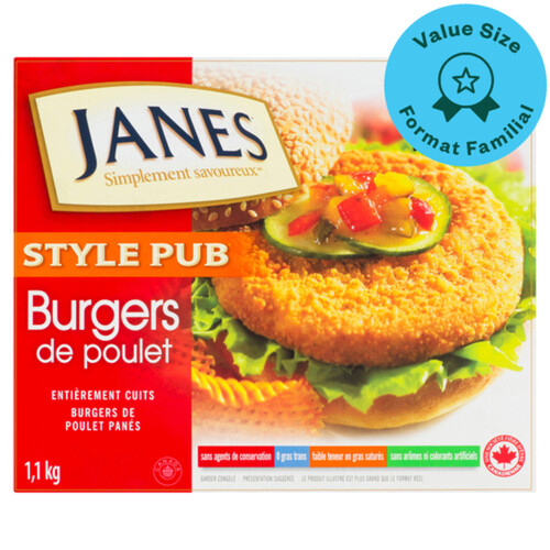 Janes Frozen Breaded Chicken Burgers Fully Cooked Pub Style 1.1 kg