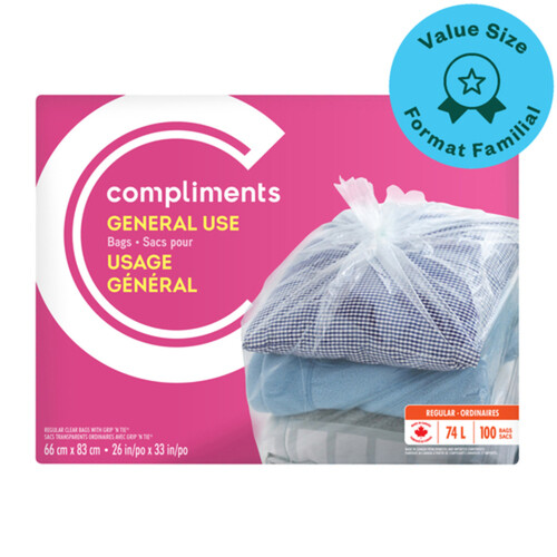 Compliments General Use Bags Clear Regular 74 L 100 Bags 