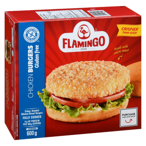 Flamingo Frozen Breaded Fully Cooked Gluten-Free Chicken Breast Burger 600 g