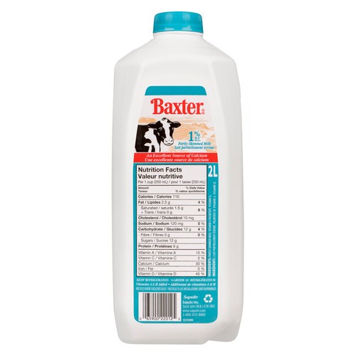 Baxter 1% Milk  Partly Skimmed  2 L