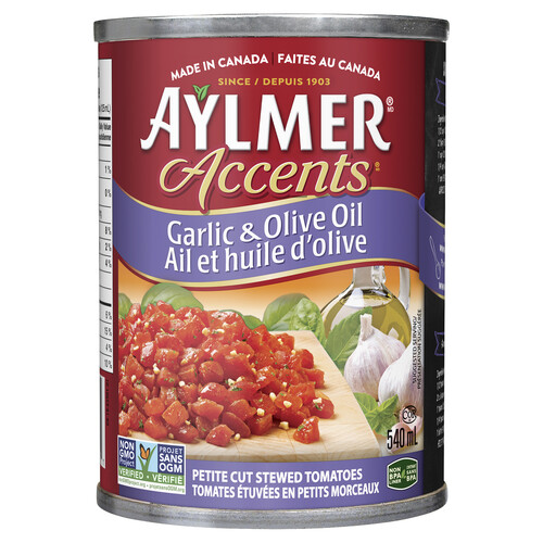 Aylmer Accents Petite Cut Stewed Tomatoes Garlic & Olive Oil 540 ml