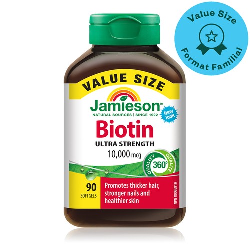 Jamieson Biotin 10000 mcg Ultra Strength Softgels Value Size 90 Count