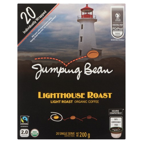 Jumping Bean Organic Coffee Pods Lighthouse Roast Fairtrade 100% Compostable 20 K-Cups 200 g