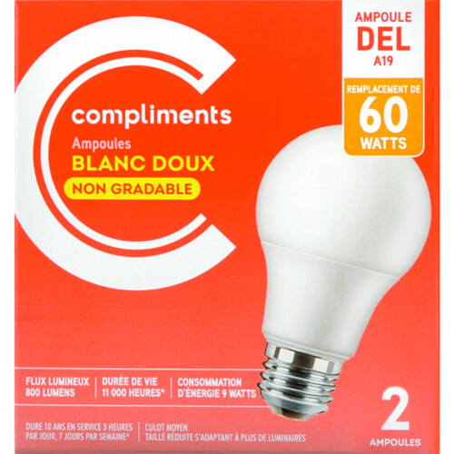 Compliments LED Light Bulbs A19 60W Soft White Non-Dimmable 2 EA