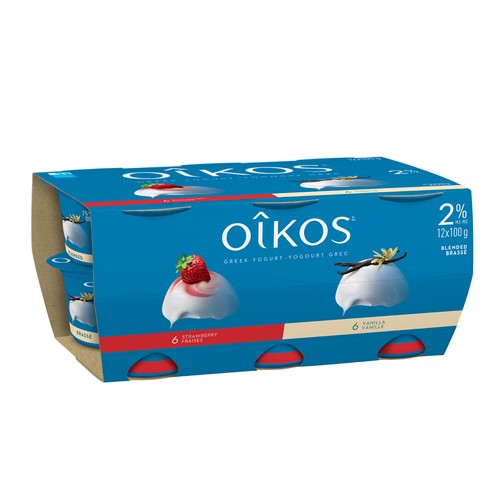 Oikos 2% Greek Yogurt Blended 6x Strawberry 6x Vanilla Value Size 12 x 100 g