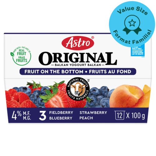 Astro Original 4% Yogurt Fruit on the Bottom Peach, Strawberry, Blueberry, Fieldberry 12 x 100 g