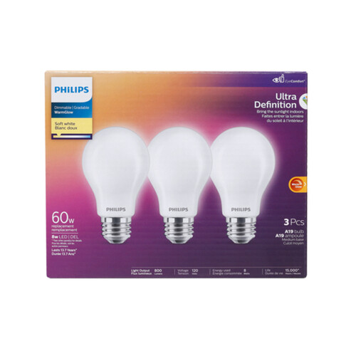 Philips Light Bulb LED 60W A19 Soft White 3 EA