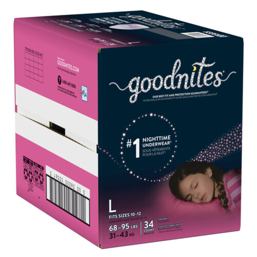 Goodnites Girls Nighttime Underwear Size L (68-95 lbs) 34 Count