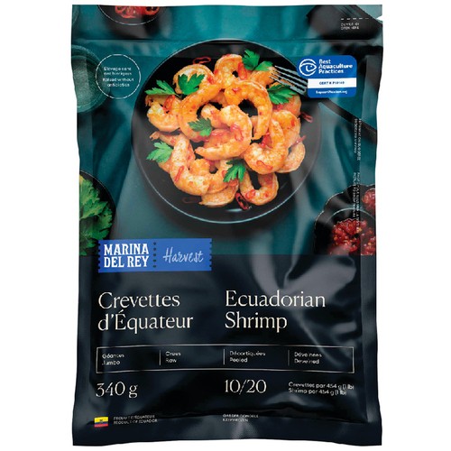 Marina Del Rey Frozen Ecuador Shrimp Raw Peeled 10/20 Count 340 g