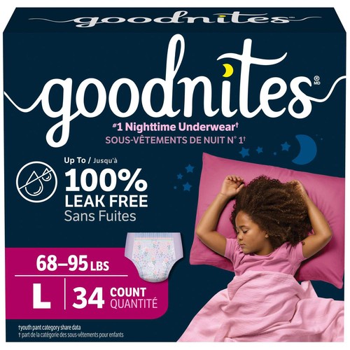 Goodnites Girls Nighttime Underwear Size L (68-95 lbs) 34 Count