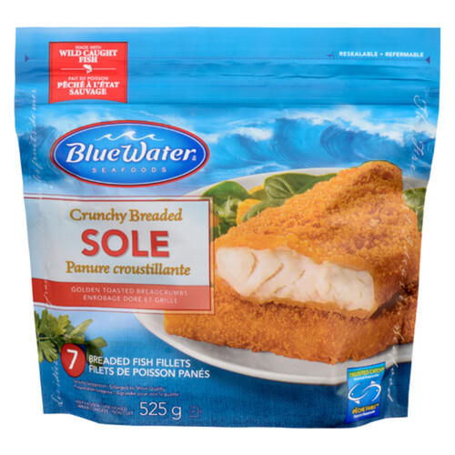 BlueWater Seafoods Frozen Crunchy Breaded Sole Fillets 525 g