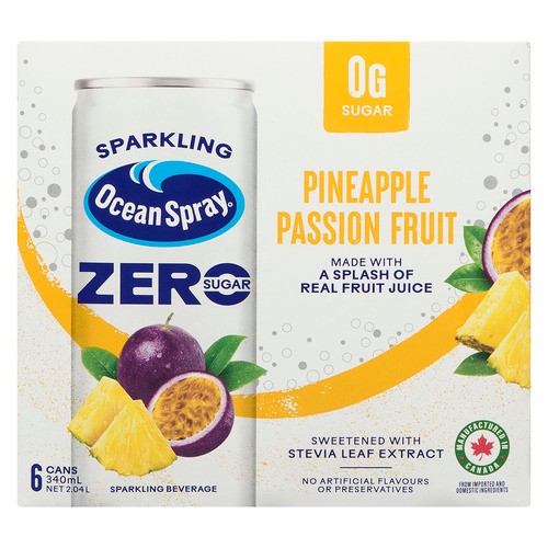 Ocean Spray Zero Sugar Sparkling Beverage Pineapple Passion Fruit 6 x 340 ml (cans)