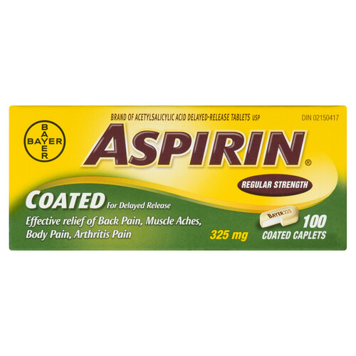 Aspirin ASA Coated Pain Relief 100 Caplets