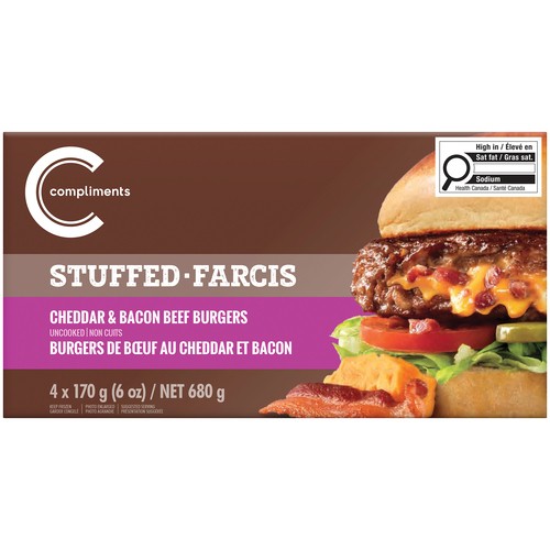 Compliments Frozen Beef Burgers Stuffed Cheddar & Bacon 680 g