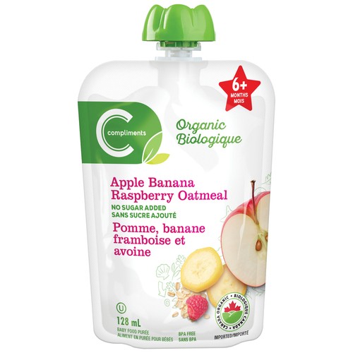 Compliments Organic Baby Food Purée Apple, Banana, Raspberry & Oatmeal 128 ml