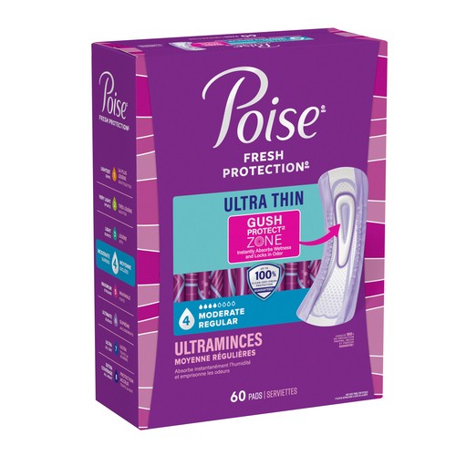 Poise Ultra Thin Pads Moderate Absorbency Regular 60 Count