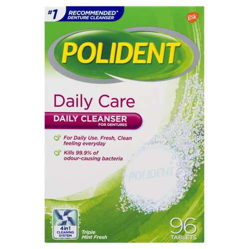 Polident Daily Care Denture Cleanser Tablets Triple Mint Fresh 96 Tablets