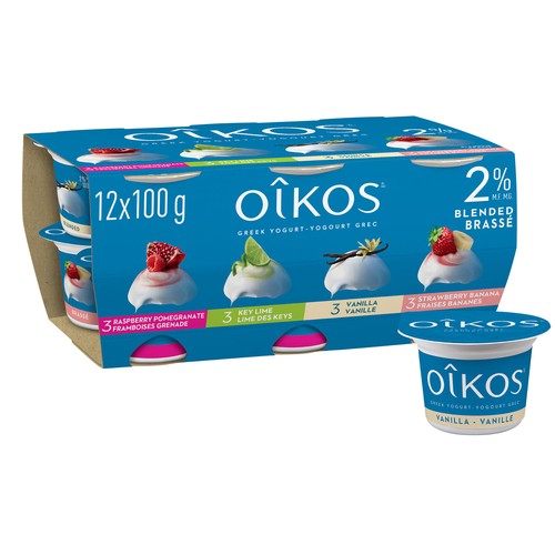 Oikos 2% Greek Yogurt Blended Raspberry-Pomegranate / Key Lime / Vanilla / Strawberry Banana Variety Pack 12 X 100 g