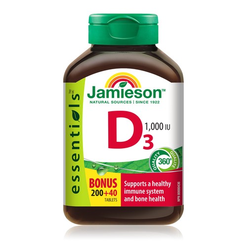 Jamieson Vitamin D3 1000IU Supplements Tablets Bonus 240 Count