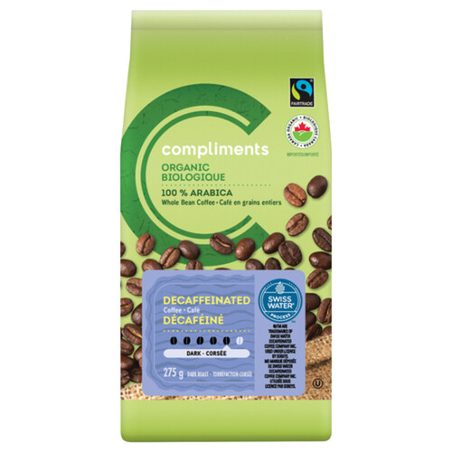 Compliments Organic Whole Bean Coffee 100% Arabica Decaffeinated Dark Roast 275 g