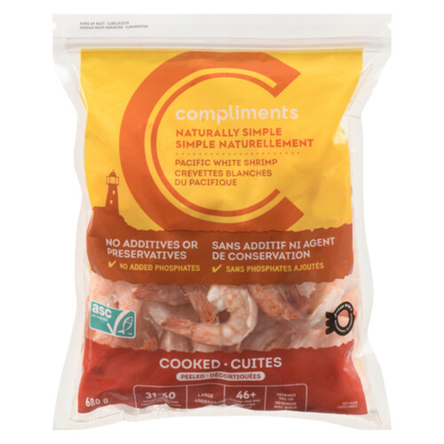 Compliments Naturally Simple Frozen White Shrimp Cooked Peeled 31/40 Count 680 g