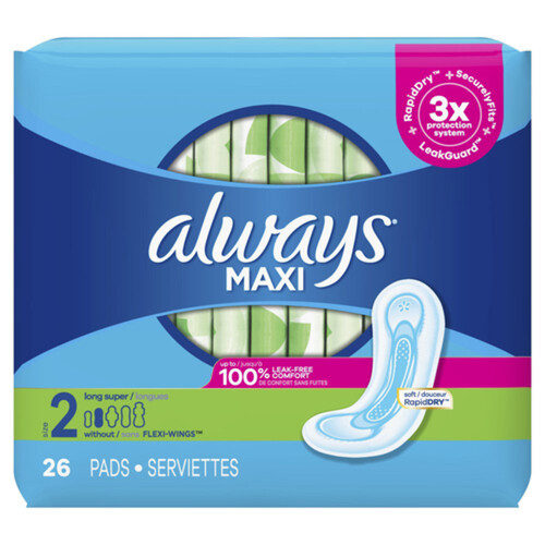 Always Maxi Pads Size 2 Long Super Without Wings 26 Count