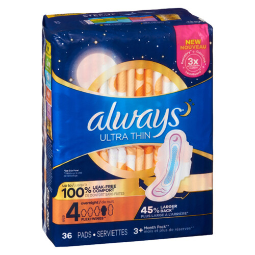 Always Ultra Thin Overnight Pads Size 4 With Wings 36 Count