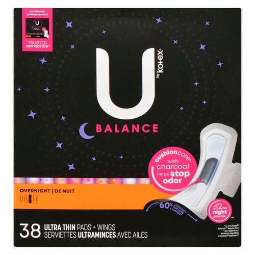 U by Kotex Balance Ultra Thin Pads Overnight With Wings 38 Count