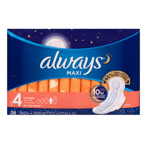 Always Thick Over Night Maxi Pads Size 4 With Wings 28 Count