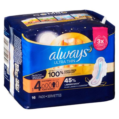 Always Ultra Thin Pads Overnight Size 4 With Wings 16 Count